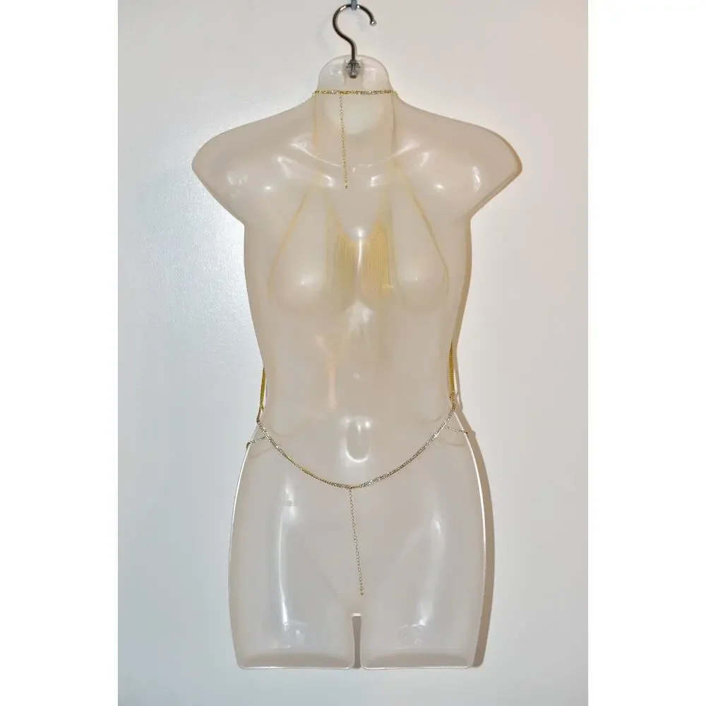 Vintage Body Necklace Top Wrap Rhinestone Crystal Gold Tone Fringe Chain Belt